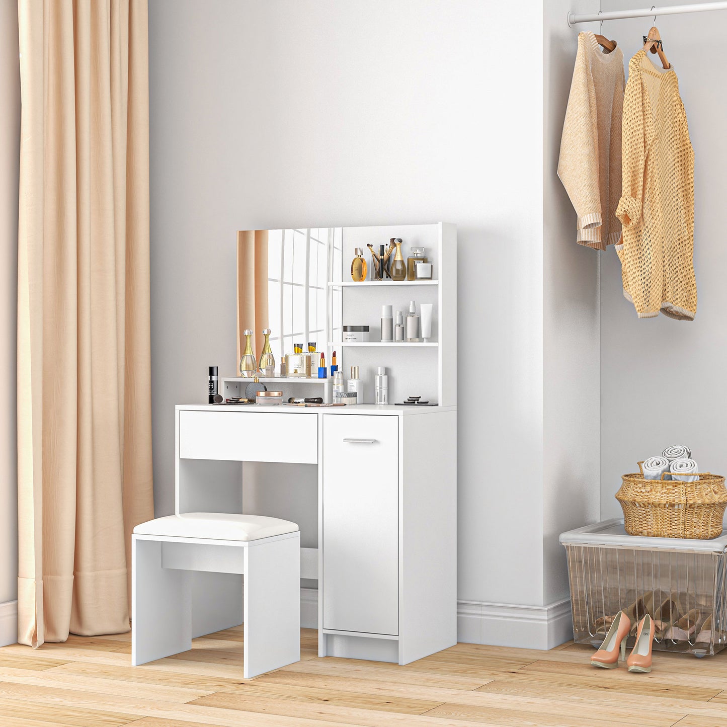 Dressing Table and Stool Set, with Storage - White