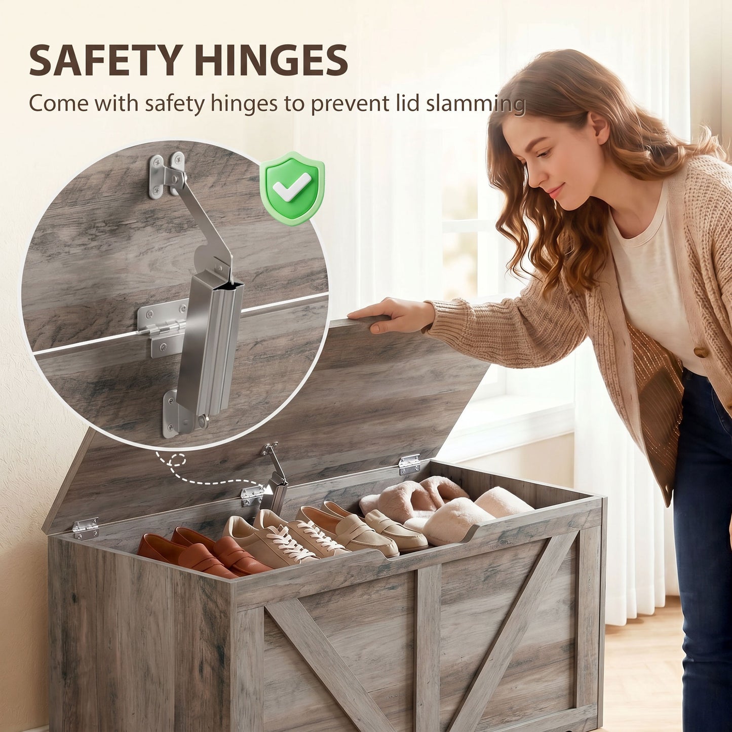 100L Home Storage Box, with Safety Hinge - Grey Wood-Effect