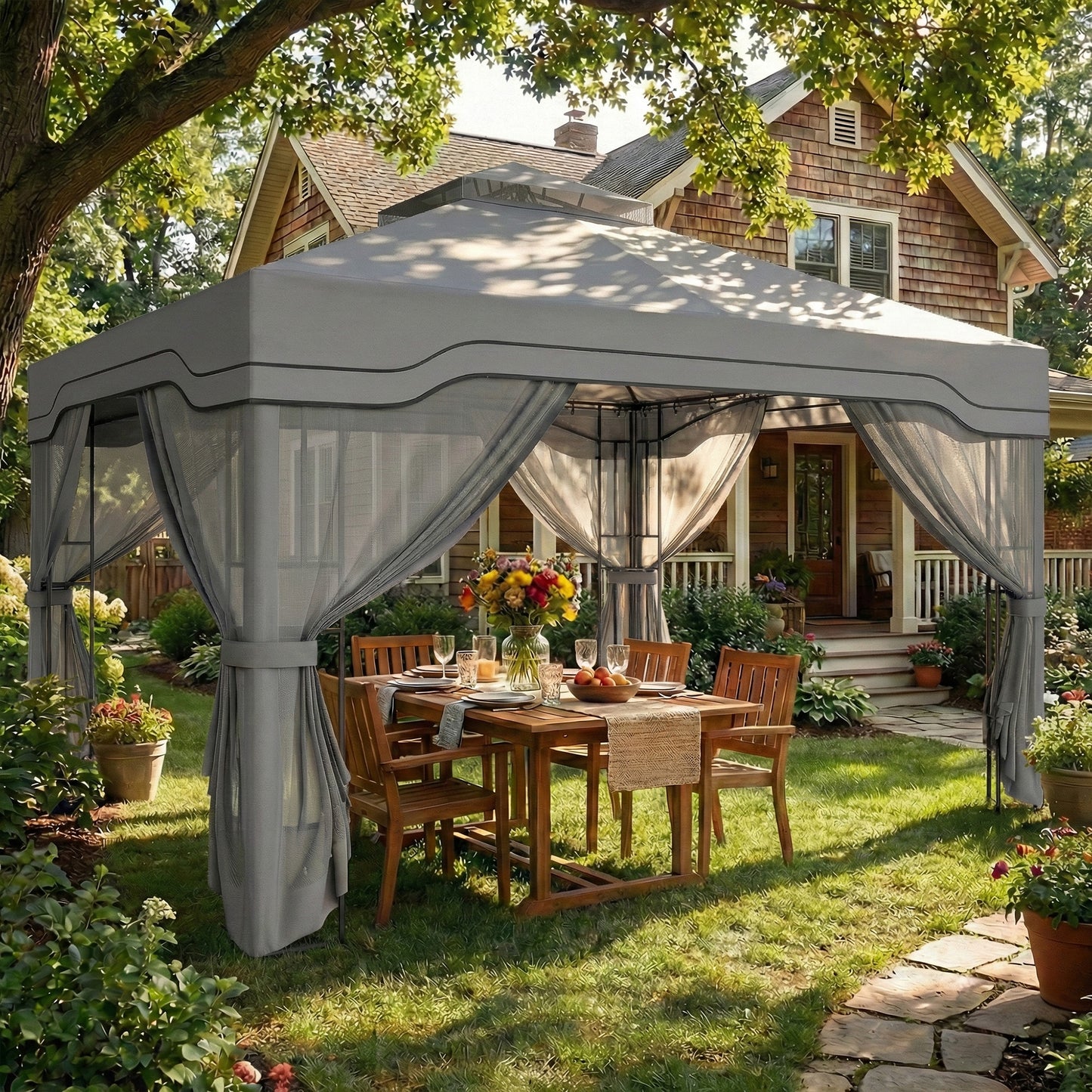 3 x 3.6 m Outdoor Garden Gazebo with Post Shelves, UPF50+ Patio Permanent Pavilion with Hook, Dark Grey