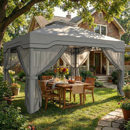 3 x 3.6 m Outdoor Garden Gazebo with Post Shelves, UPF50+ Patio Permanent Pavilion with Hook, Dark Grey