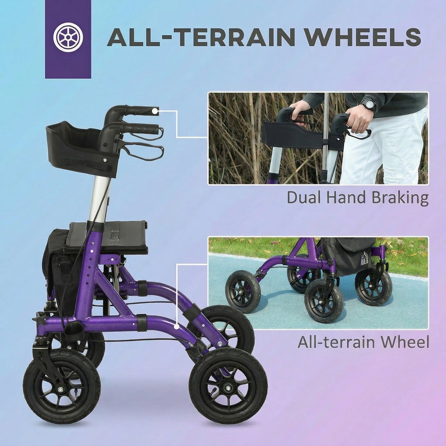 Folding Adjustable Rollator with Dual Brakes & 6 Adjustable Handle Heights for Seniors Purple