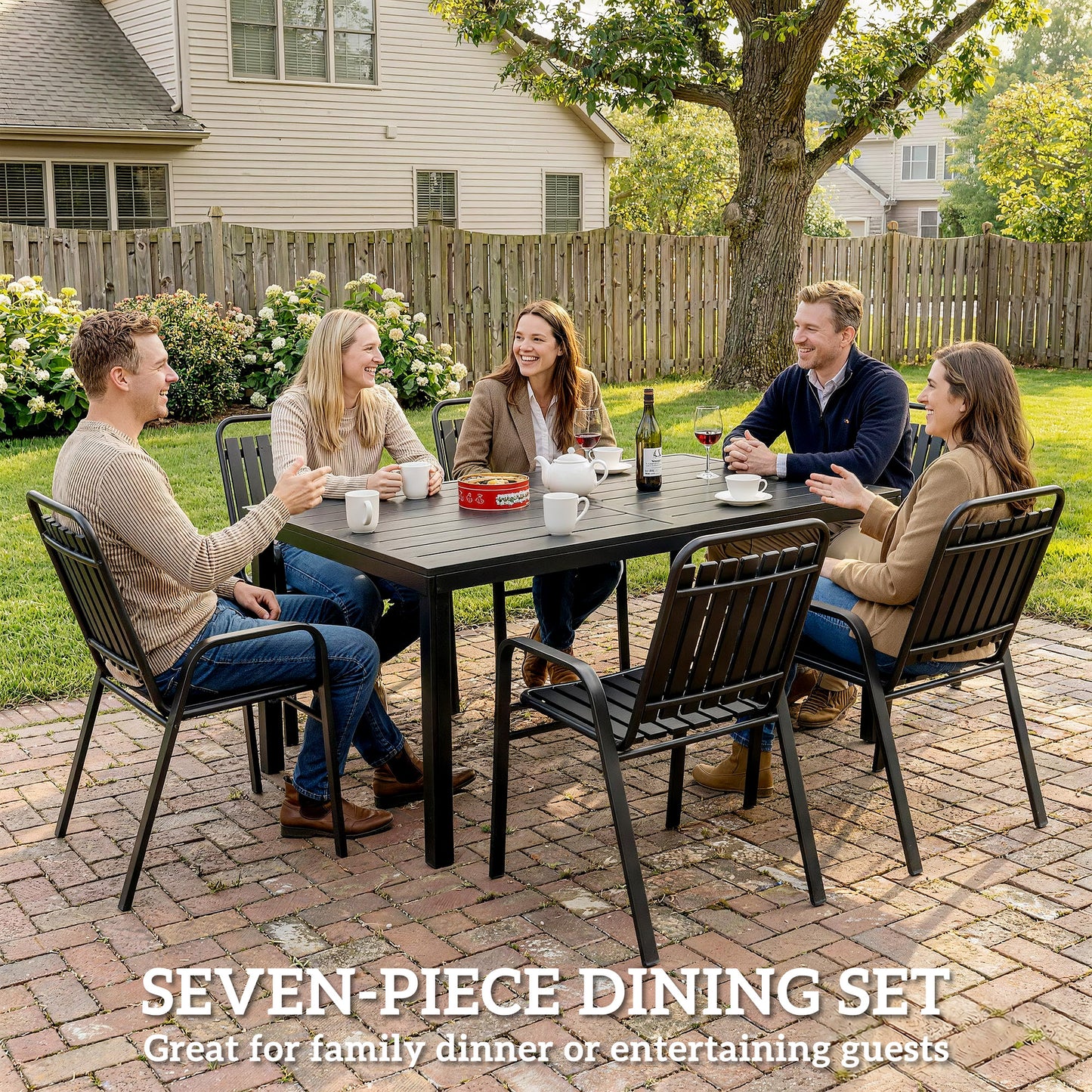 7 Pieces Outdoor Dining Set with Umbrella Hole, Garden Table and Chairs Set for 6 with Metal Table and Stackable Chairs