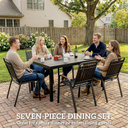 7 Pieces Outdoor Dining Set with Umbrella Hole, Garden Table and Chairs Set for 6 with Metal Table and Stackable Chairs