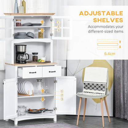 Freestanding Kitchen Cupboard, Kitchen Storage Cabinet with Framed Glass Doors, 2 Drawers, Microwave Counter, 172cm, White