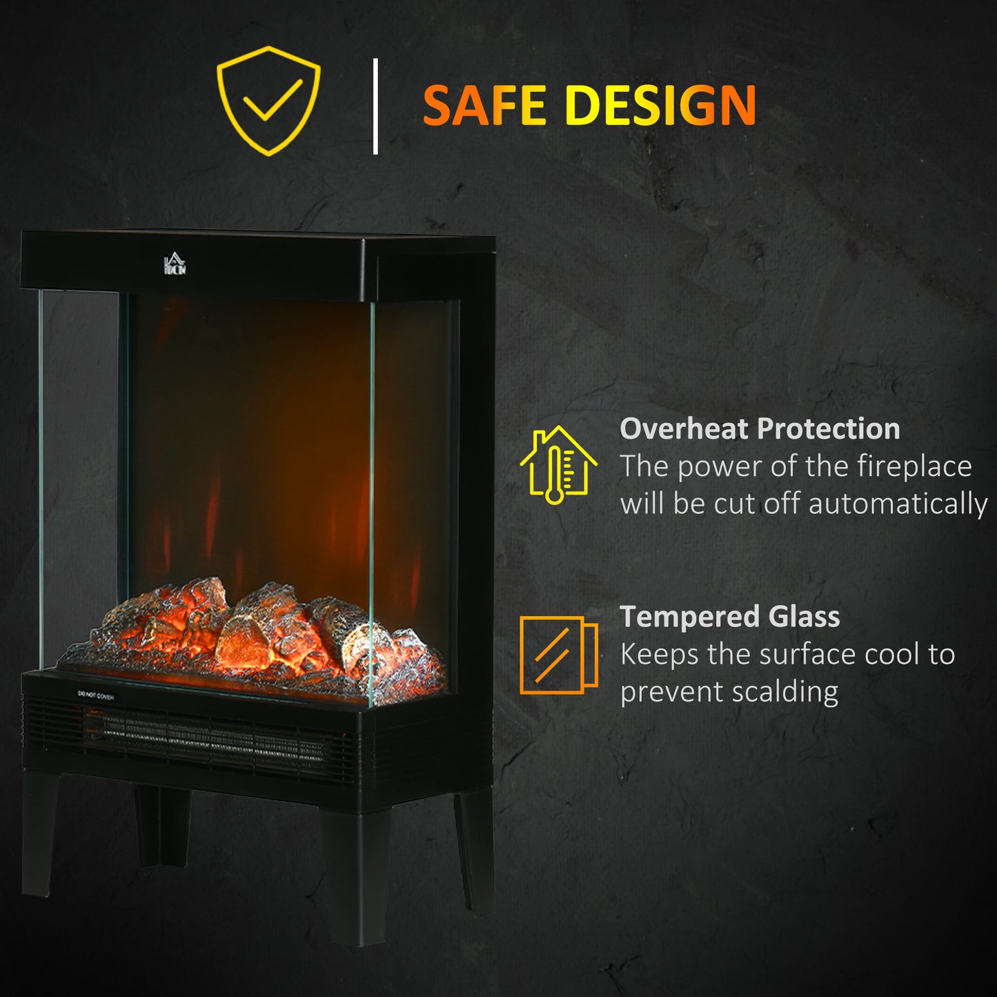 180° Charming Electric Fireplace Heater, Quiet Freestanding Stove with LED Flame Effect, 3-Sided Tempered Glass Panels