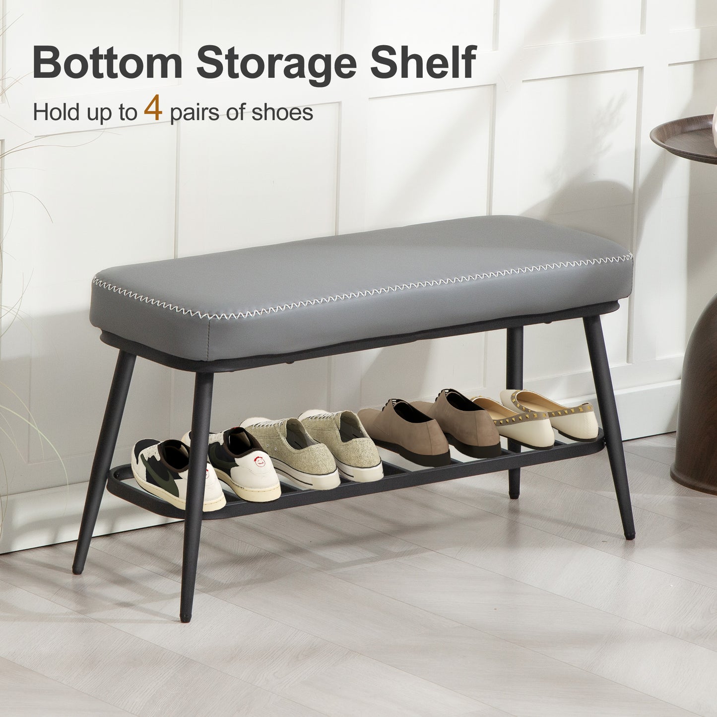 PU Leather Shoe Storage Bench - Grey