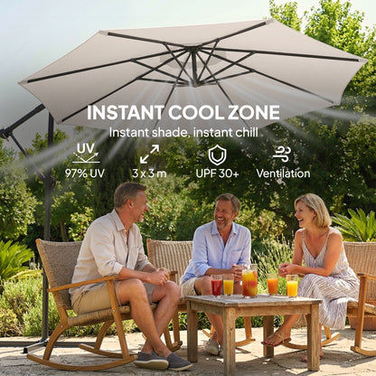 3 m Garden Cantilever Parasol with Cover, Round Overhanging Umbrella with 360° Rotation, Tilt, Cream White