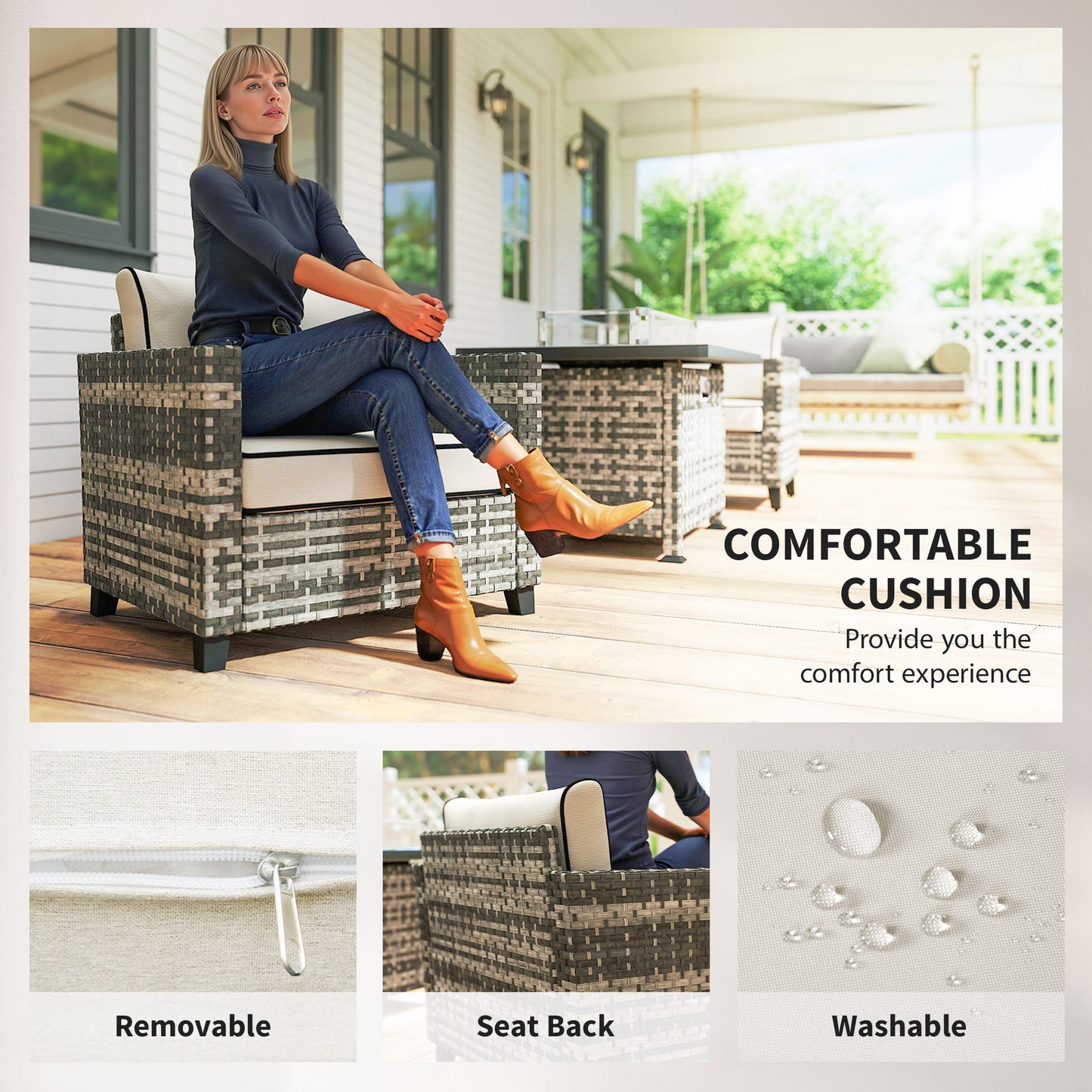 5-Piece Rattan Patio Furniture Set with Gas Fire Pit Table, Loveseat Sofa, Armchairs, Cushions, Pillows, Grey