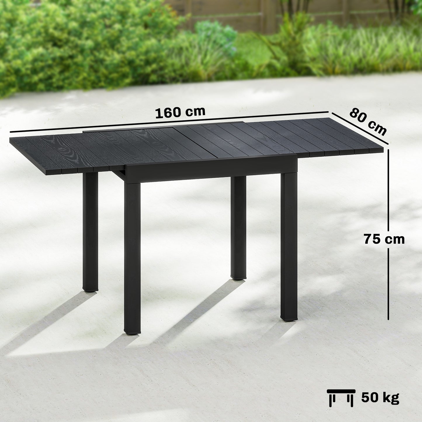 Extending Garden Table for 4-6, Aluminium Outdoor Dining Table with Faux Wood Slatted Top, Black