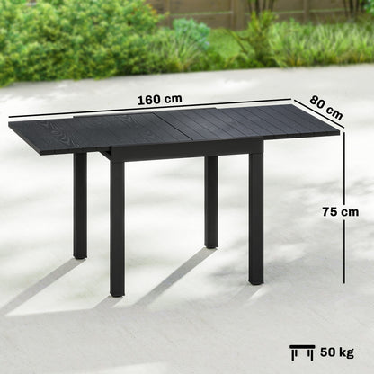 Extending Garden Table for 4-6, Aluminium Outdoor Dining Table with Faux Wood Slatted Top, Black