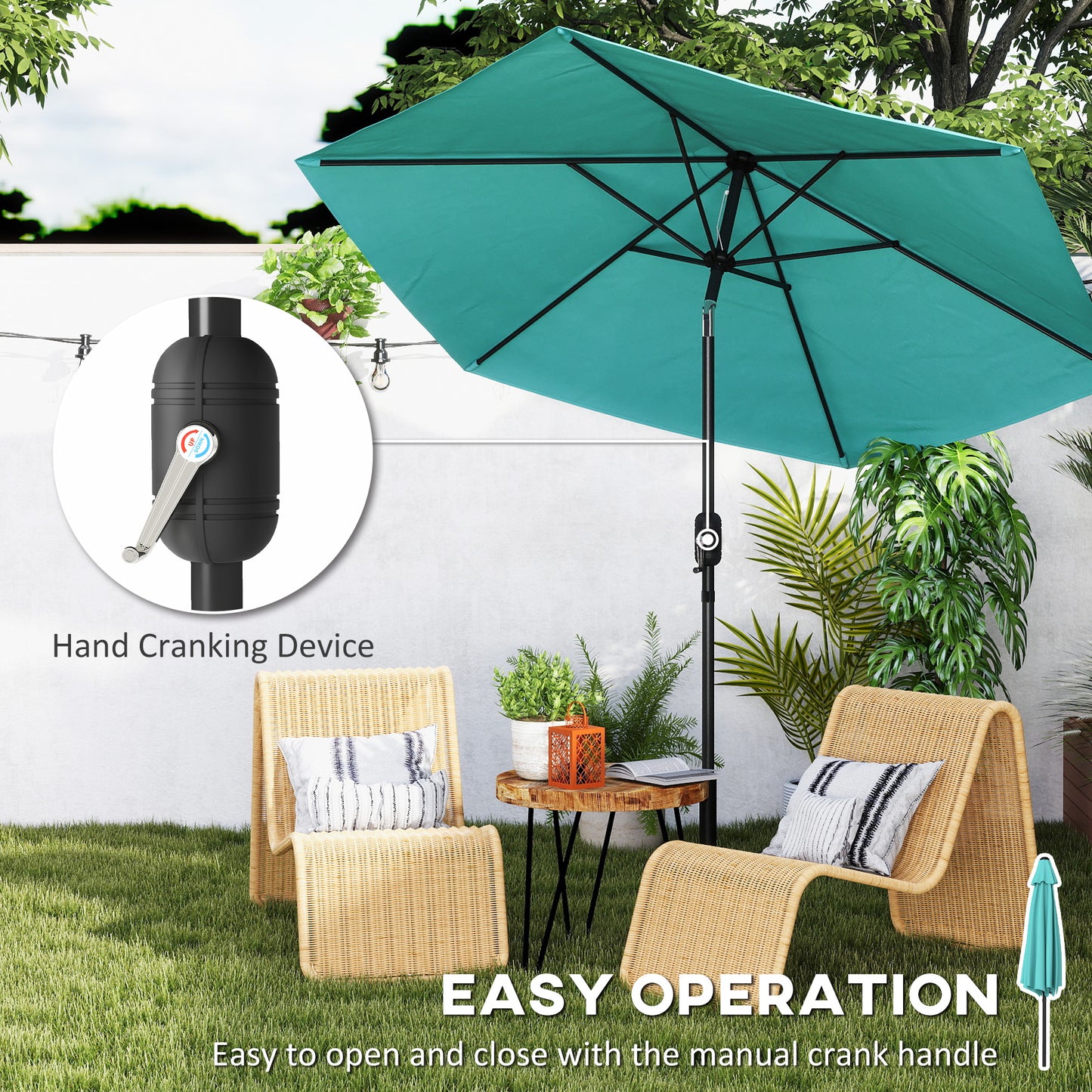 2.6 m Garden Parasol Umbrella with Aluminium Pole, Outdoor Patio Umbrella with Tilt and Crank, Vent, Turquoise