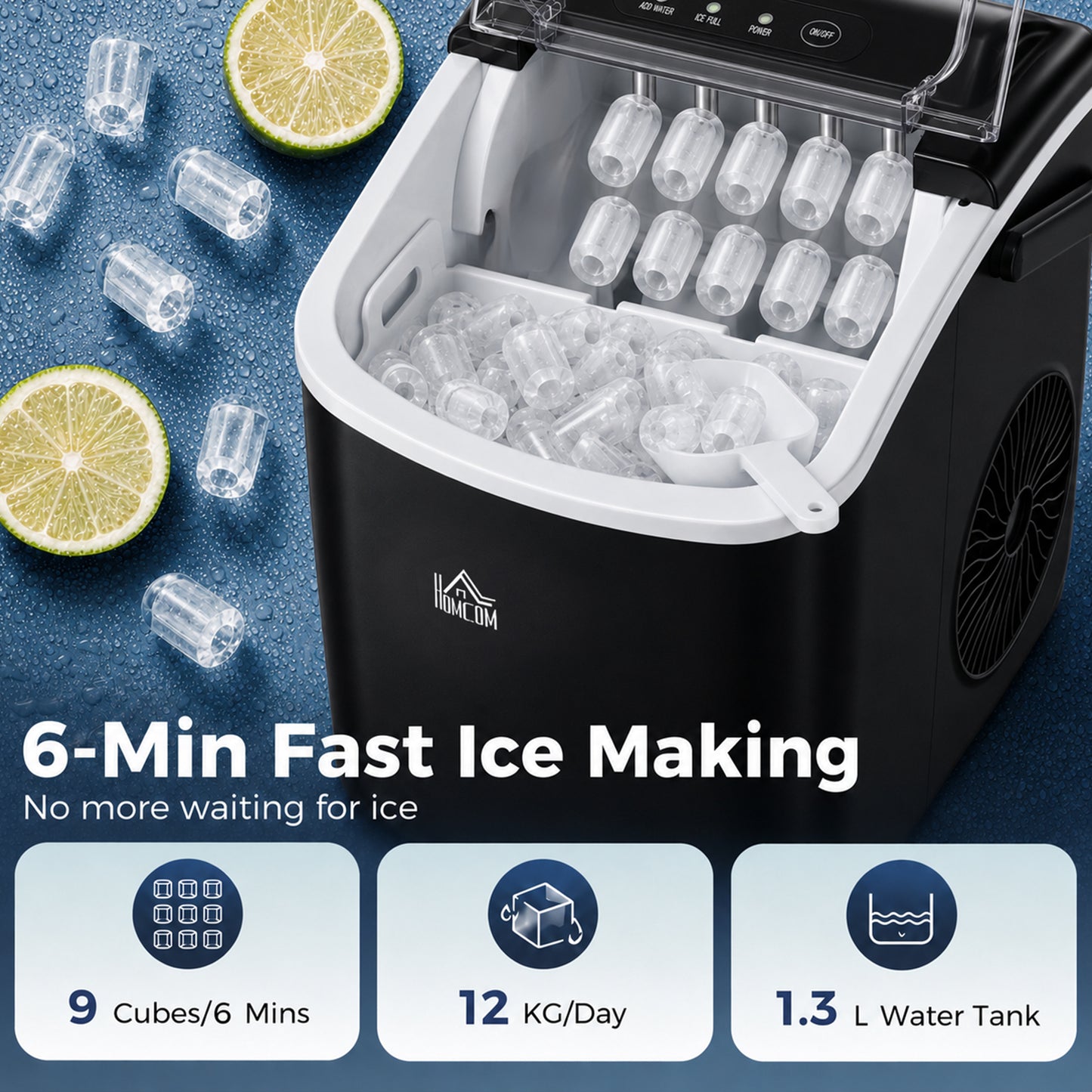 Ice Maker Machine Countertop, 12 KG in 24 H, 9 Cubes in 6 Mins, Portable Ice Cube Maker with Handle