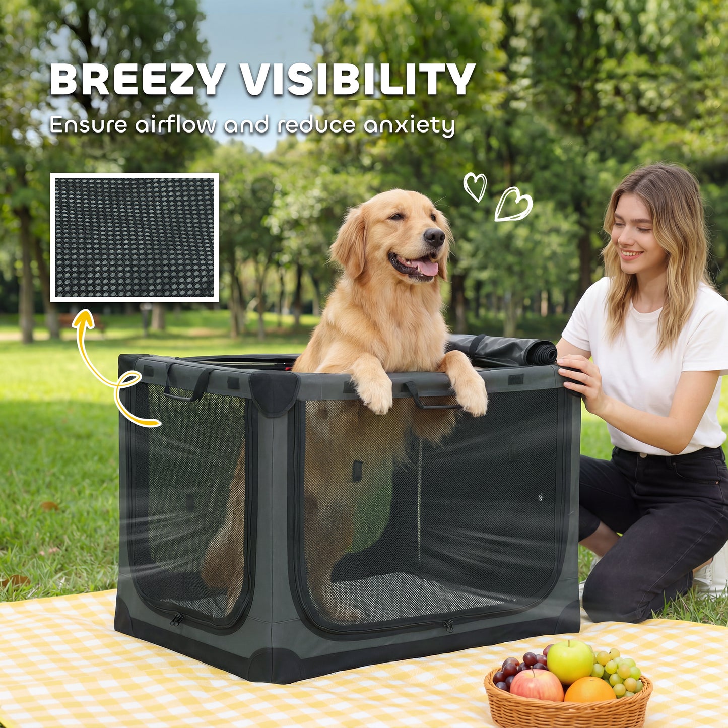 Soft Dog Crate Pet Travel Crate 90 x 64 x 64 cm with Removable Pad Mesh Window Army Green