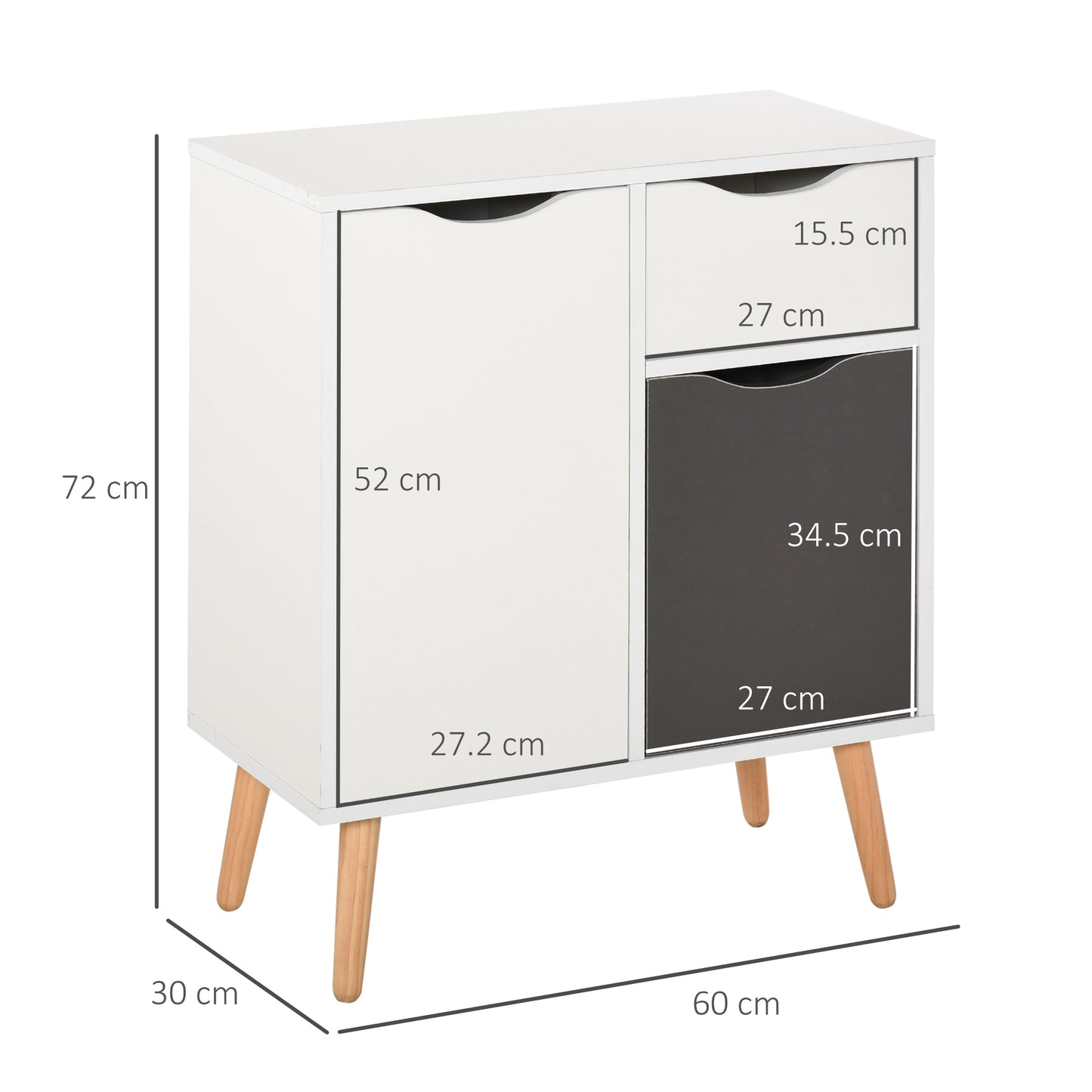 Sideboard Floor Cabinet Storage Cupboard with Drawer and Solid Wood Legs for Bedroom, Living Room, Entryway, Grey