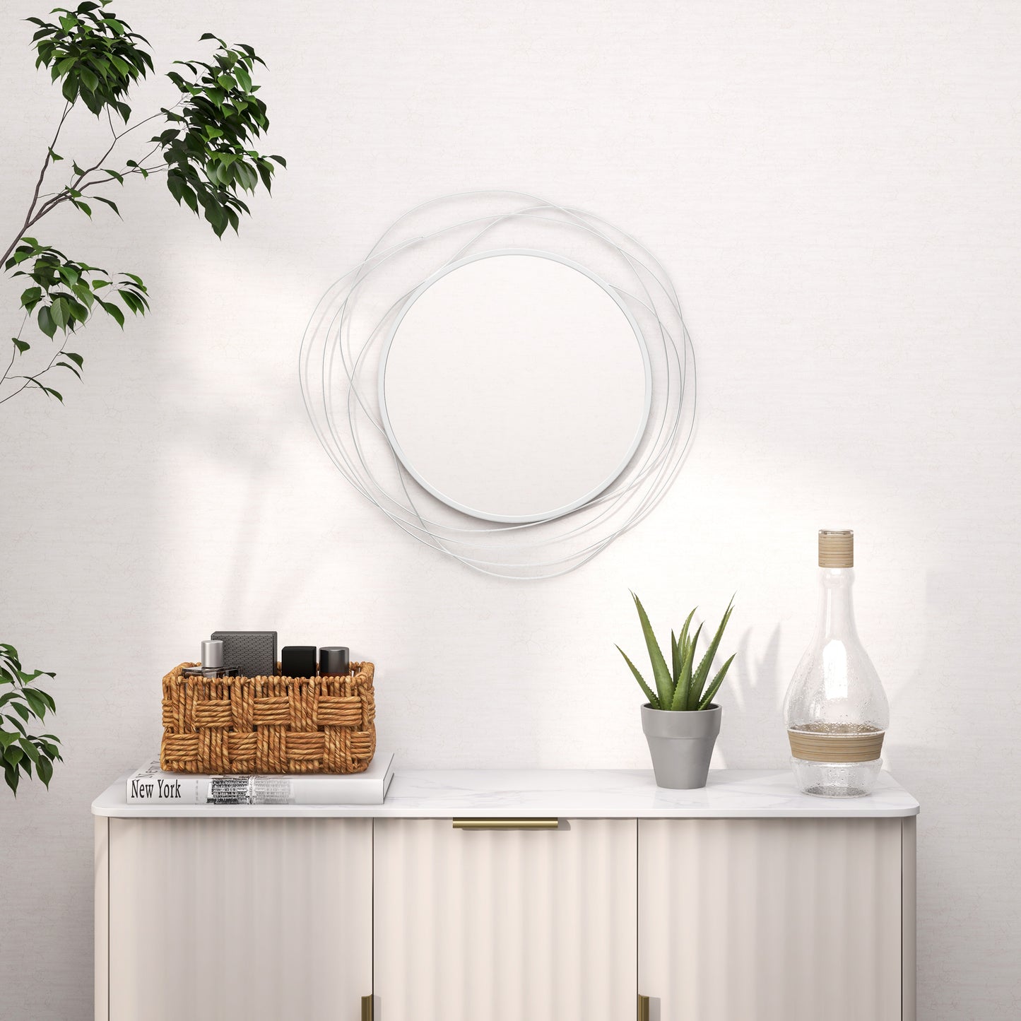 Metal Wall Art 65cm Modern Decorative Mirror Decor for Living Room Bedroom Dining Room, Silver