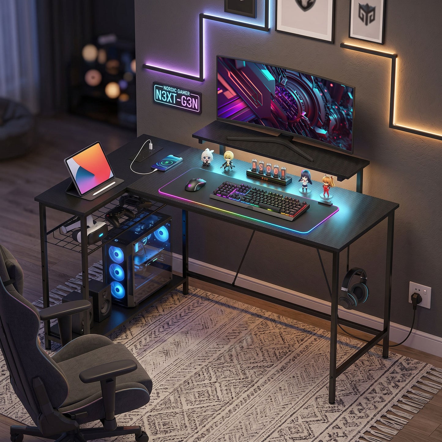 Reversible 'L' LED Light Gaming/Work Desk - Black