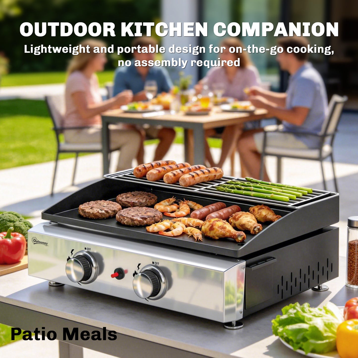 2 Burner Grill Griddle, Portable Gas Plancha with Warming Rack, 5 kW, Tabletop Gas BBQ with Grease Cup, Black