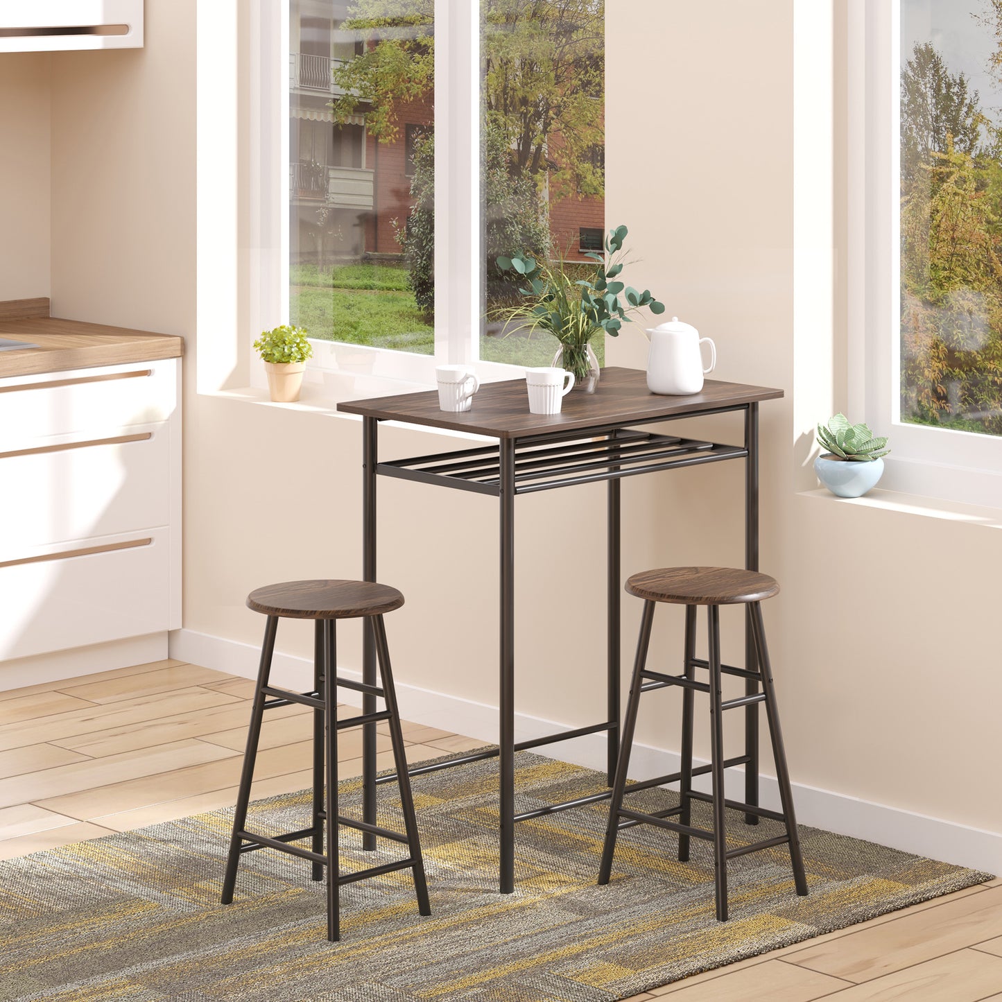 Bar Table & Stool Set with Storage – Black & Oak