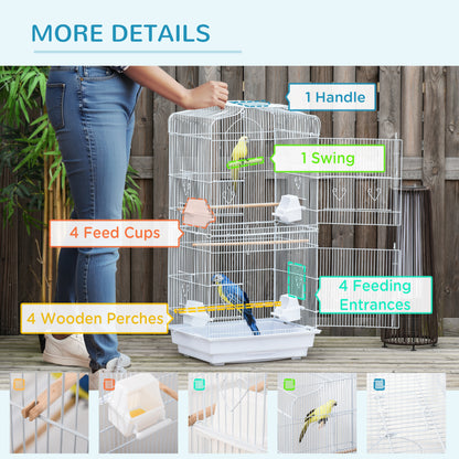 Large Metal Bird Cage with Perches, Food Bowls, Swing, for Budgies, Parakeets, White
