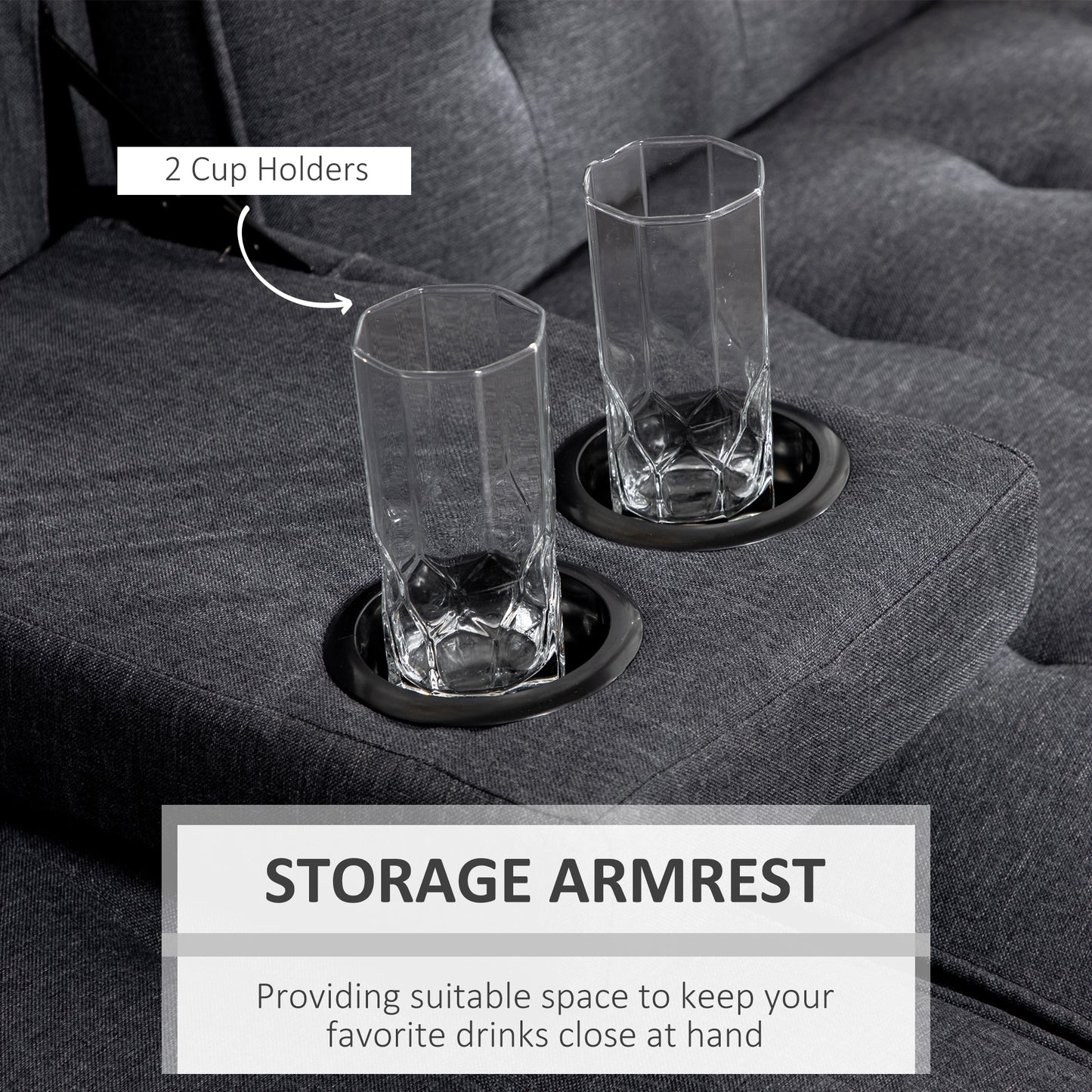 Three-Seater Sofa Bed, with Cupholders - Grey