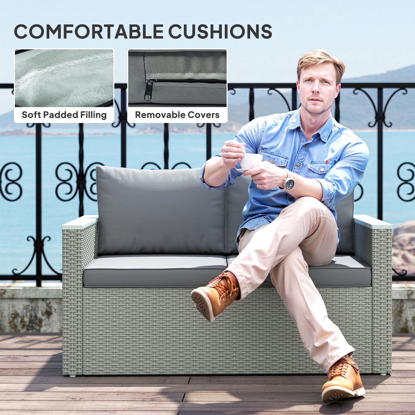 Four-Piece Rattan Sofa Set, with Wood-Top Table