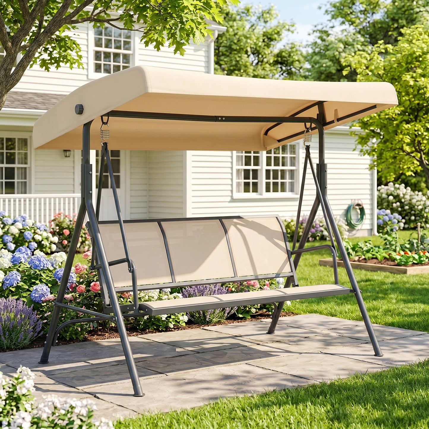 3 Seater Swing Chair, Garden Swing Bench with Adjustable Tilting Canopy