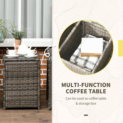 3 Pieces Rattan Bistro Set, Wicker Garden Furniture Set with Storage Coffee Table and Chairs, Thickened Cushions for Outdoor