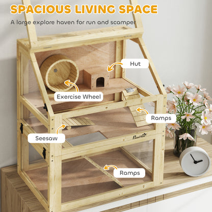 Wooden Hamster Cage with Detachable 32cm Deep Bottom, Hut, Seesaw, Exercise Wheel, Ramp, 60 x 40 x 75cm, Natural