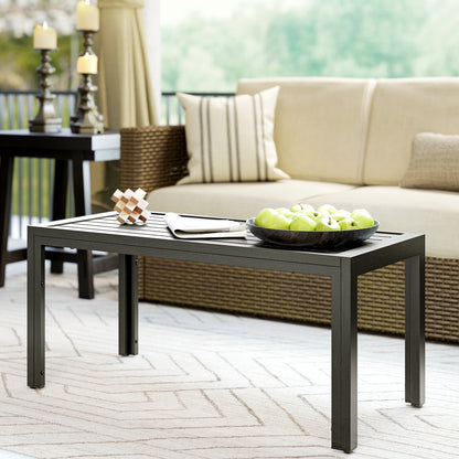 Outdoor Side Table, Rectangular Patio Coffee Side Table with Steel Frame and Slat Tabletop for Garden, Balcony, Grey