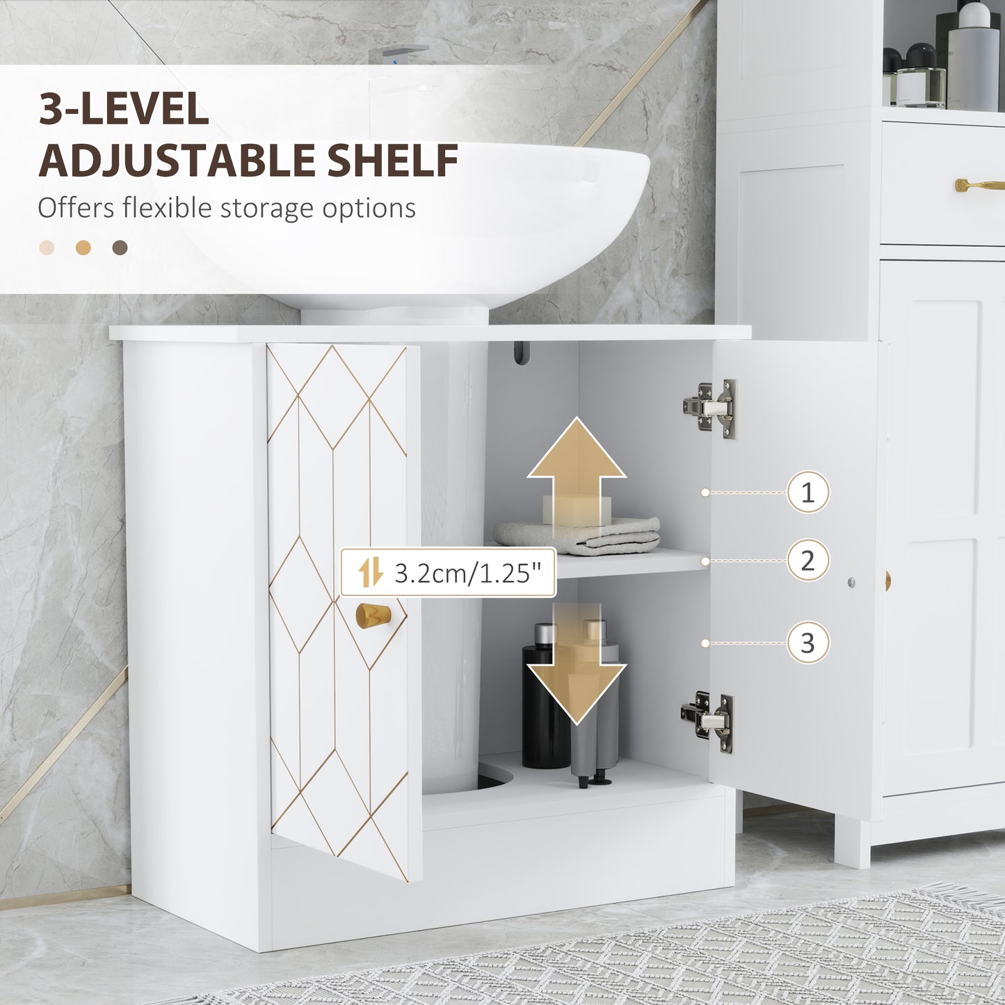 Under Sink Bathroom Cabinet, Under Sink Cabinet with Adjustable Shelf and Open Compartment for Basin with or without Pedestal