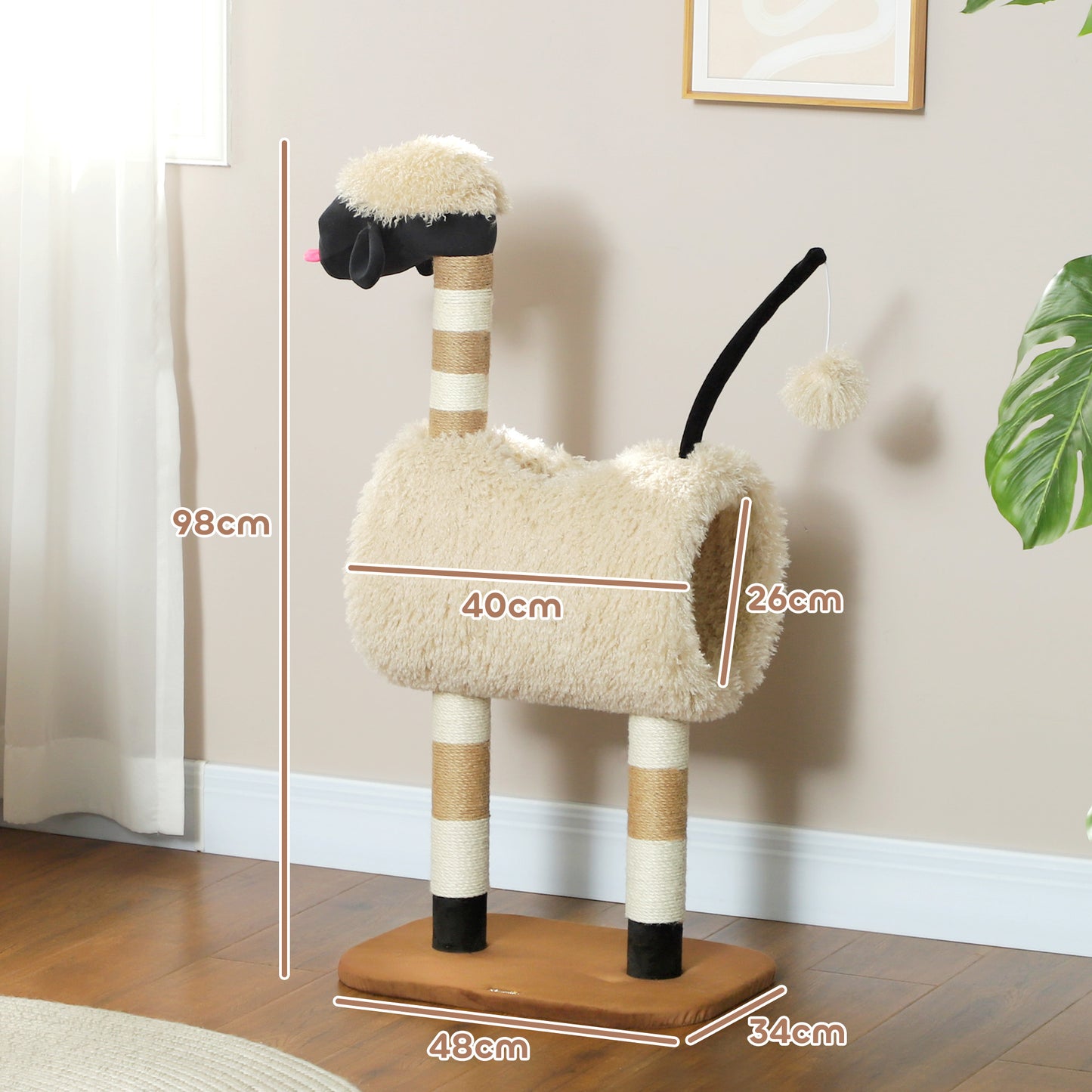 Cat Tree Sheep Design, 98 cm Multi-Level Cat Tower with Scratching Posts, Tunnel & Play Ball, Light Brown