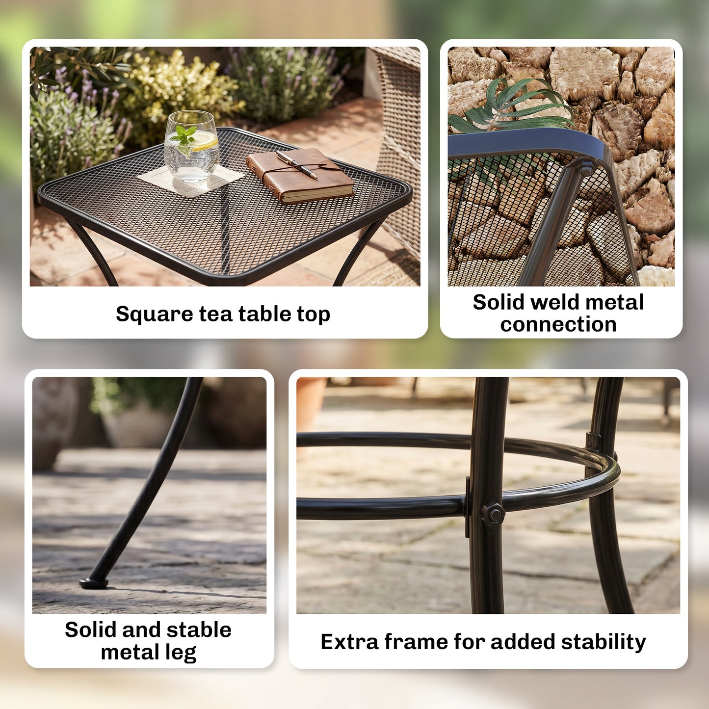60cm Square Garden Table, Outdoor Metal Bistro Side Desk with Mesh Top, Black