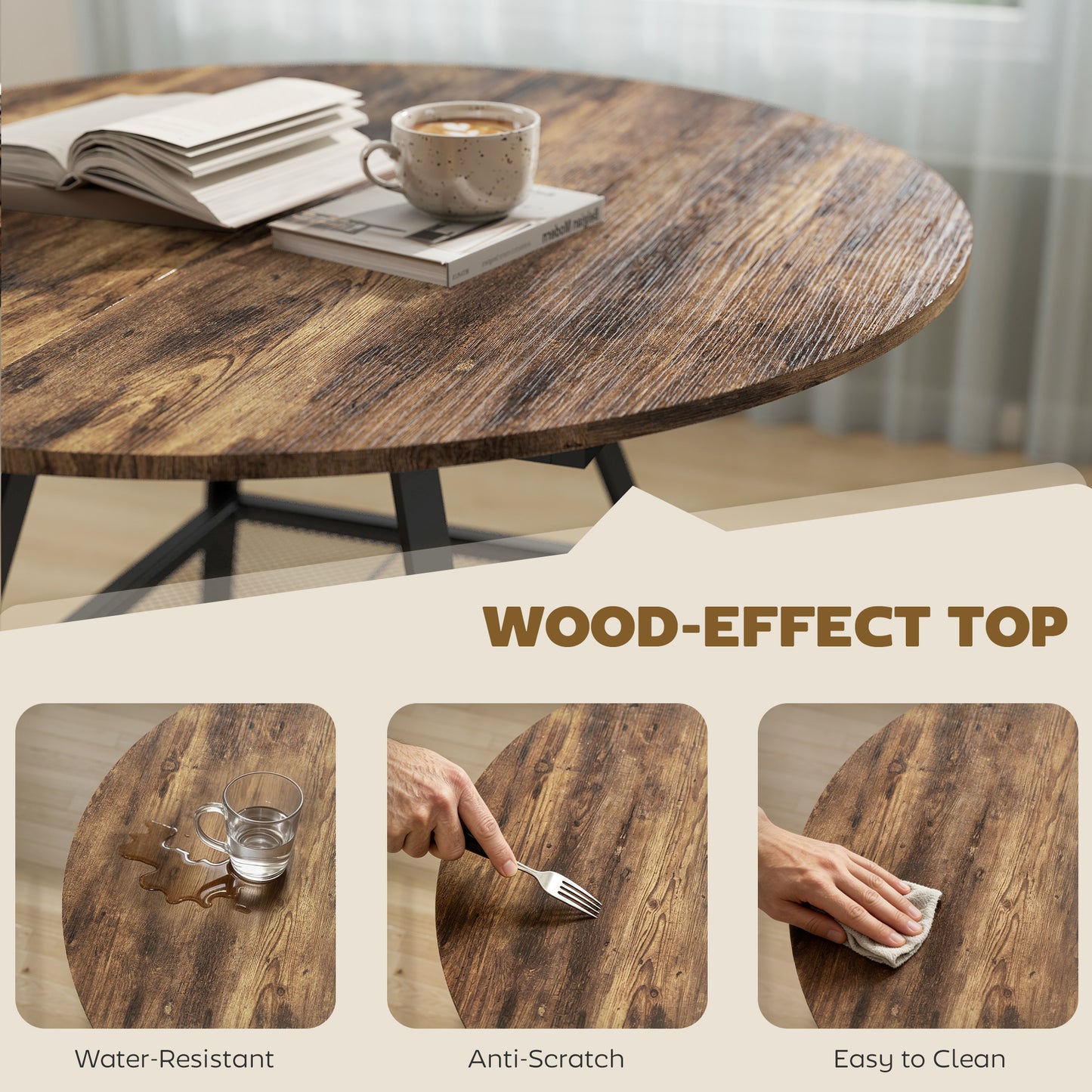 Dining Table for 4 People, 100 cm Round Industrial Kitchen Table with Storage Shelf, Rustic Brown