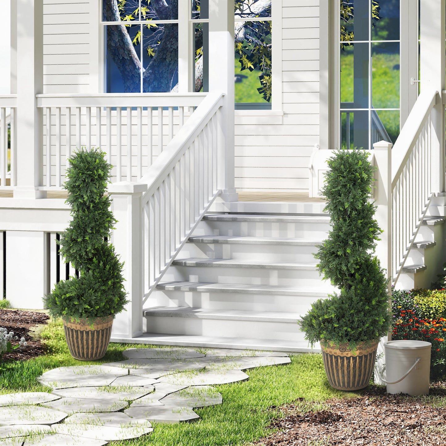 Set of 2 Artificial Plants, Topiary Spiral Boxwood Cypress Trees with Pot, for Home Indoor Outdoor Decor, 90cm