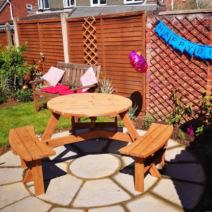 Wooden Garden Dining Set, 6 Seater Round Dining Picnic Table with Matching Bench