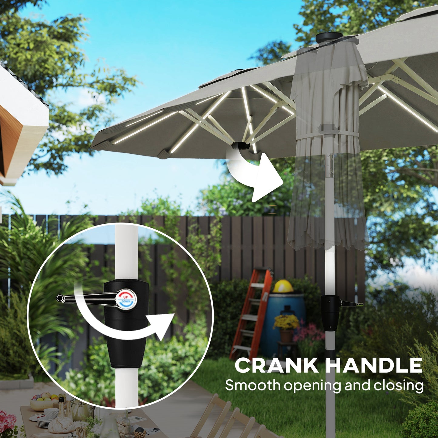 3 m Double-Sided Garden Parasol with LED Solar Lights, Tilt, Outdoor Extra Large Sun Umbrella with Crank Handle, Grey