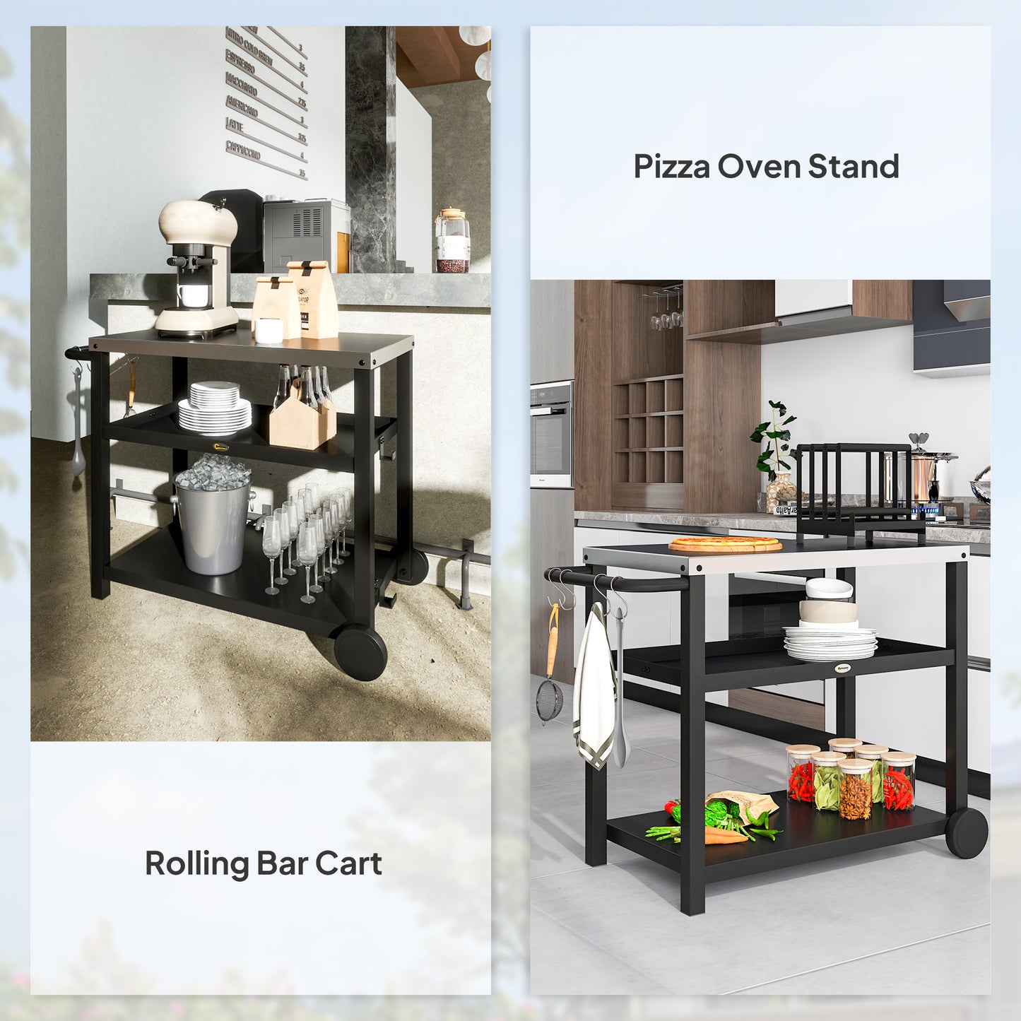 Outdoor Grill Dining Cart 3-Shelf Movable Pizza Oven Table Stand with Stainless Steel Top