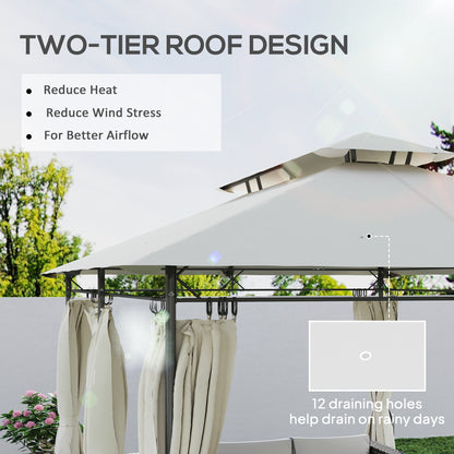 3 x 4m Metal Frame, Two-Tier Roof Gazebo - Cream White