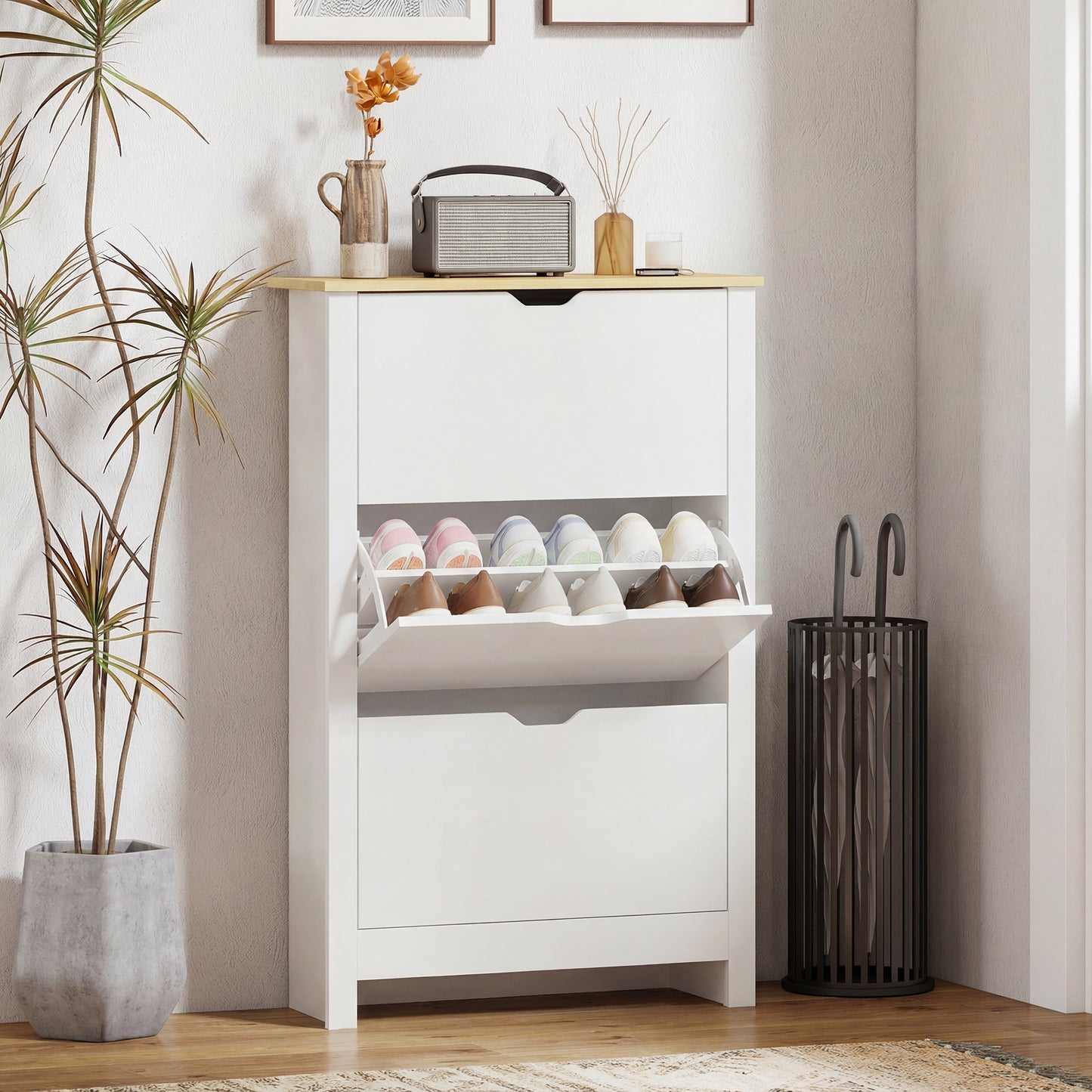 Slim Shoe Cabinet, Narrow Shoe Cupboard with 3 Flip Drawers, Adjustable Shelves for 18 Pairs of Shoes for Hallway, White