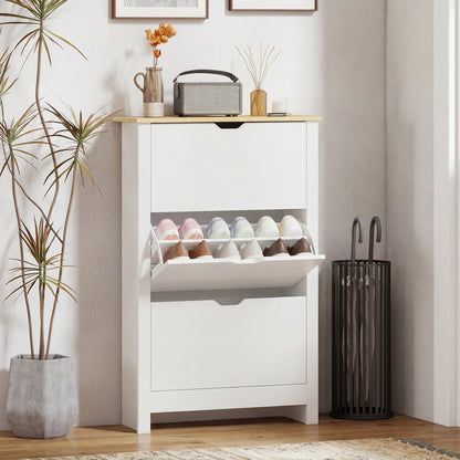 Slim Shoe Cabinet, Narrow Shoe Cupboard with 3 Flip Drawers, Adjustable Shelves for 18 Pairs of Shoes for Hallway, White