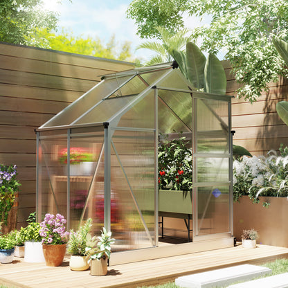 Polycarbonate Greenhouse, Large Walk-In Green House with Slide Door and Window, Aluminium Frame, 6x4ft, Silver Tone