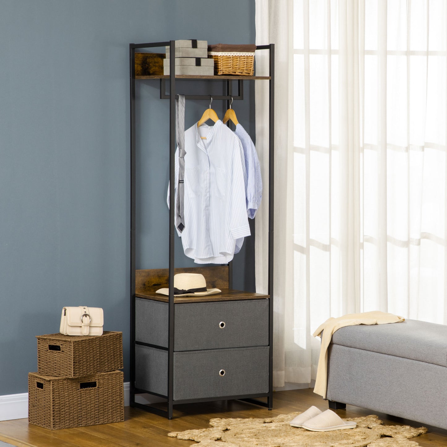 Clothes Rail, Metal Coat Stand, Garment Rack with 2 Fabric Storage Drawers, Single Wardrobe for Bedroom, Hallway