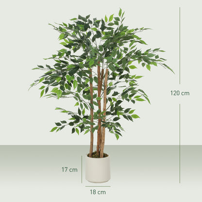 120cm Artificial Ficus Tree, Fake Potted Tree with Solid Wood Trunk and Pot for Indoor, Green
