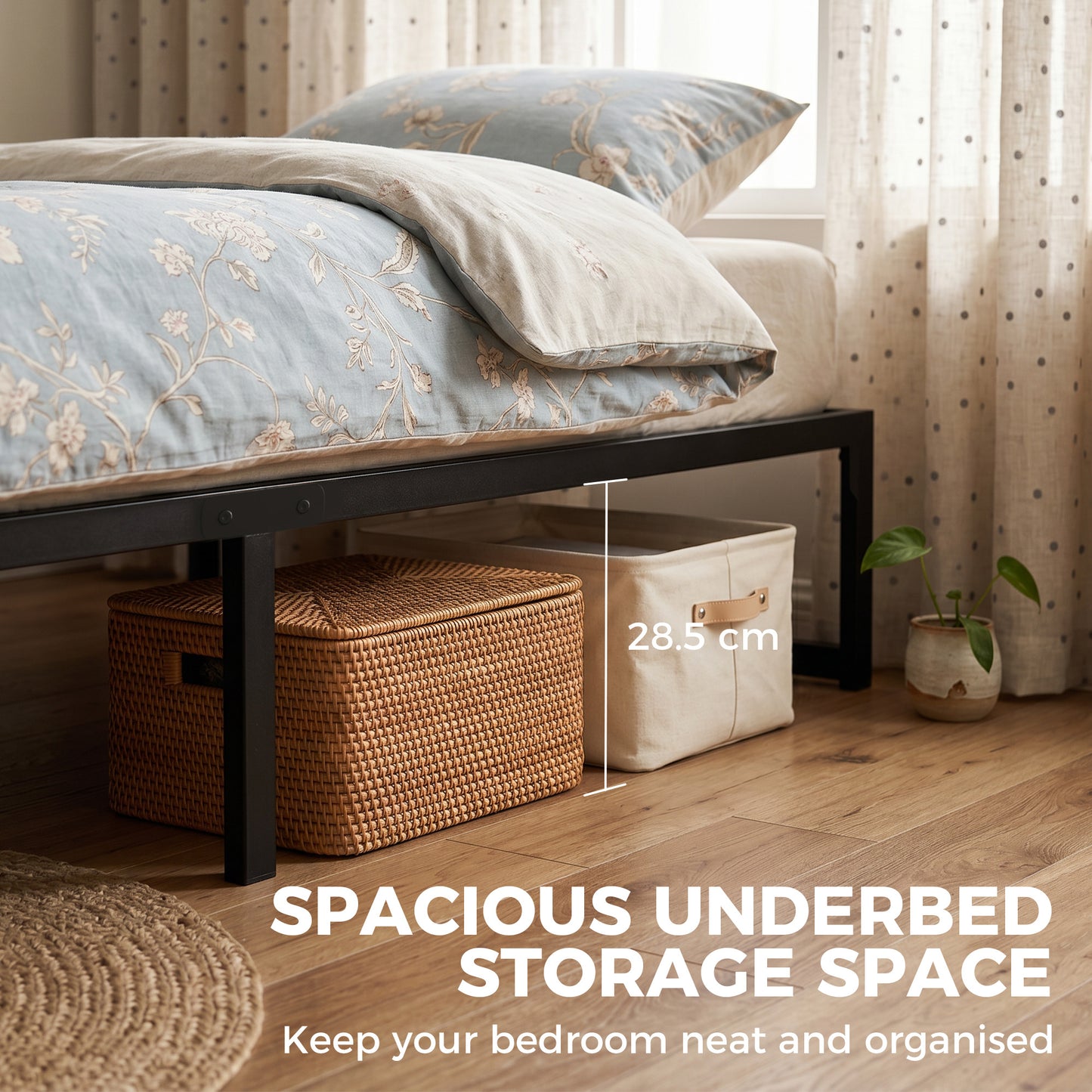 3ft Single Bed Frame with Underbed Storage and Steel Slat Support, 32.5 cm Height, Noise-Free, Black