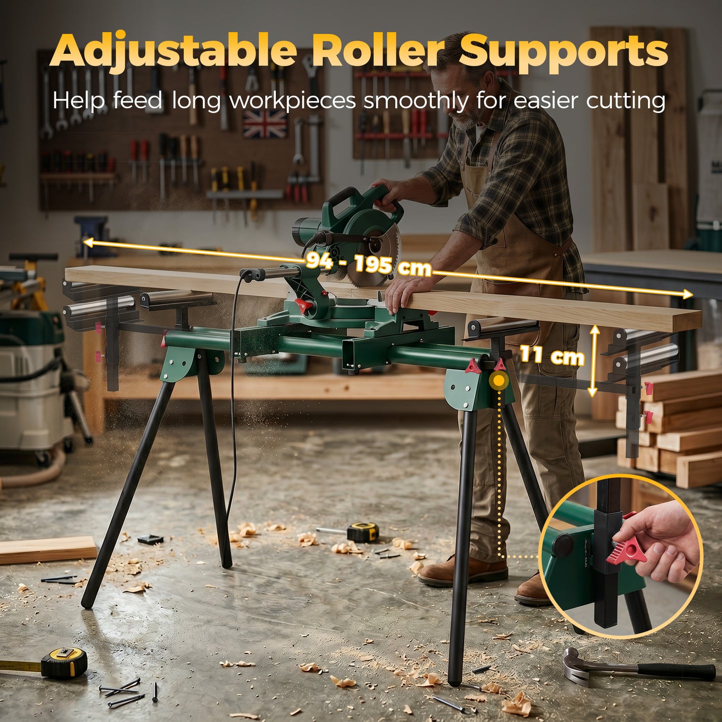 Universal Mitre Saw Stand with Adjustable Rollers and Support Arms, Portable Miter Saw Stand with Folding Legs