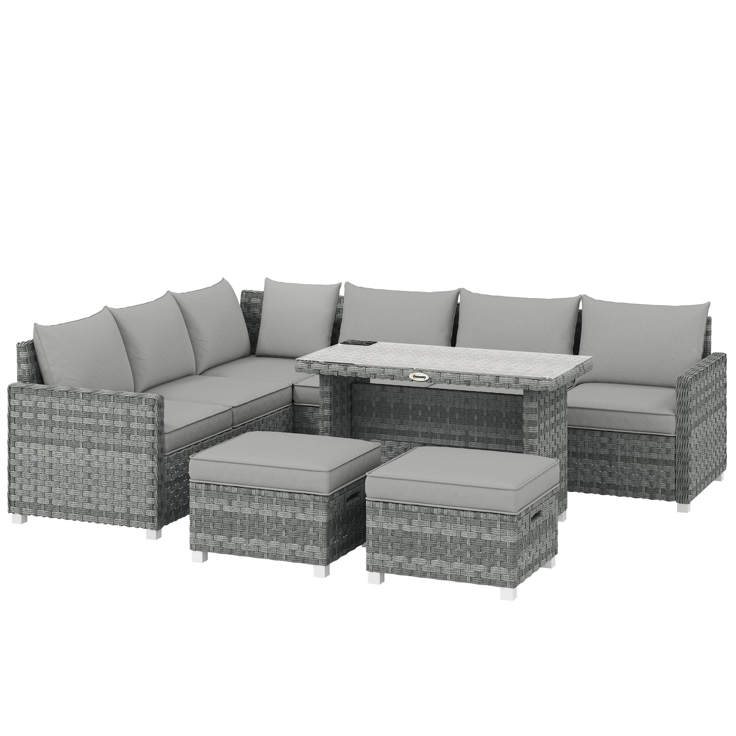 6 Seater Rattan Garden Furniture Set with 3 Sofas, 2 Footstools, Table, Patio Rattan Furniture Sofa Sets, Grey