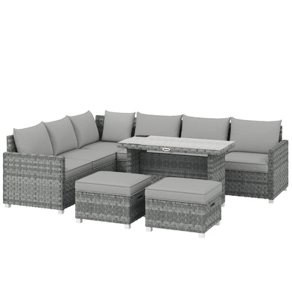 6 Seater Rattan Garden Furniture Set with 3 Sofas, 2 Footstools, Table, Patio Rattan Furniture Sofa Sets, Grey