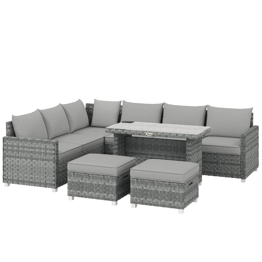 6 Seater Rattan Garden Furniture Set with 3 Sofas, 2 Footstools, Table, Patio Rattan Furniture Sofa Sets, Grey