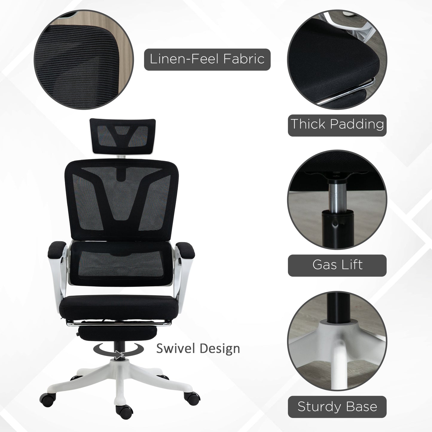 Ergonomic Office Chair, High Back Desk Chair, Reclining Mesh Computer Chair with Adjustable Headrest, Lumbar Support