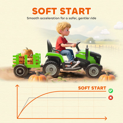 12V Ride on Tractor and Trailer with Remote Control, Music, Shifter, Start-Up Sound, for Kids Ages 3-8 Years, Green